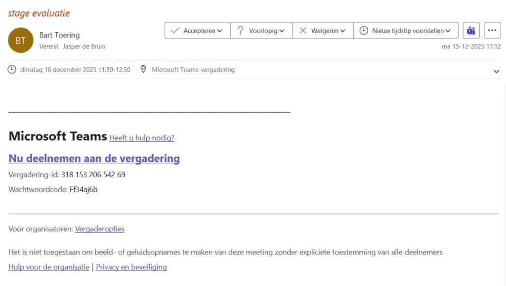 Screenshot van Stagebezoek via Teams met meneer Toering